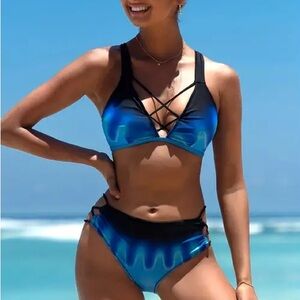 Women's Two Piece Split Gradient Backless Sexy Suspender Swimsuit Bikini